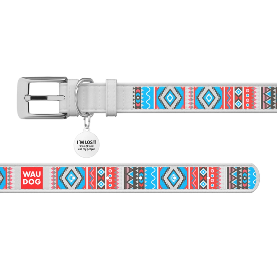 Фото Нашийник для собак шкіряний WAUDOG Design з QR паспортом, малюнок "Етно", L, Ш 25 мм, Дов 38-49 см білий купити за ціною ₴357.00