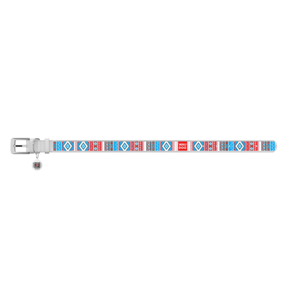 Фото Нашийник для собак шкіряний WAUDOG Design з QR паспортом, малюнок "Етно", S, Ш 15 мм, Дов 26-35 см, білий купити за ціною ₴196.80