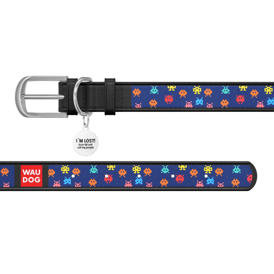 Фото Нашийник WAUDOG Design з малюнком "Пікселі", преміум шкіра, металева пряжка (ширина 12 мм, довжина 21-29 см) чорний купити за ціною ₴142.00