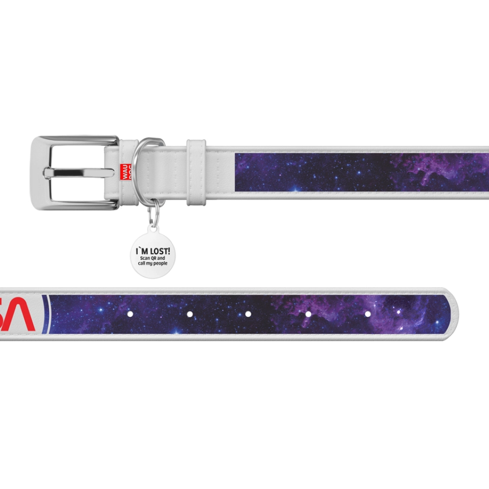Фото Нашийник для собак шкіряний WAUDOG Design з QR паспортом, малюнок "NASA21", L, Ш 35 мм, Д 46-59 см, білий купити за ціною ₴977.00