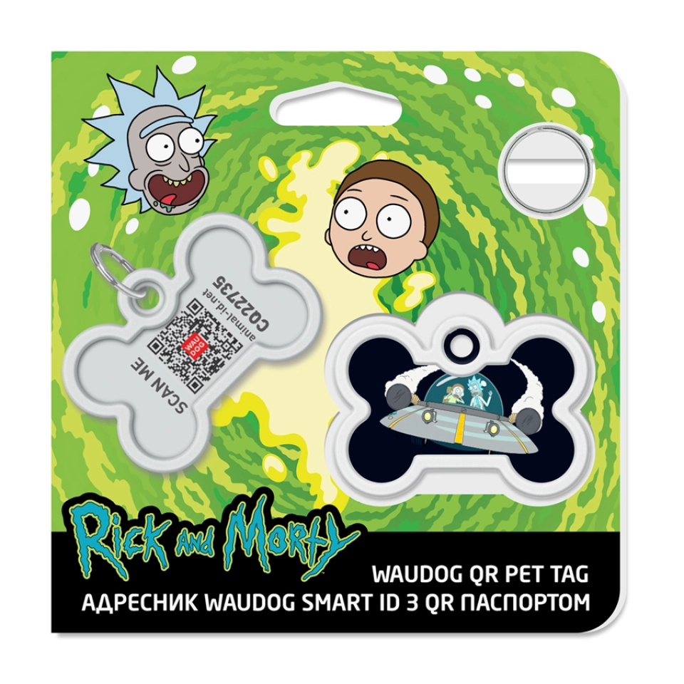 Фото Адресник для собак і котів металевий WAUDOG Smart ID з QR паспортом, малюнок "Рік та Морті 1", кістка, Д 40 мм, Ш 28 мм купити за ціною ₴99.00