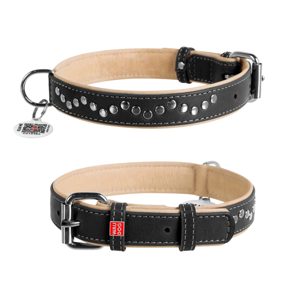 Фото Нашийник для собак шкіряний WAUDOG Soft з QR паспортом, металічні прикраси, Ш 25 мм, Дов 38-49 см чорний купити за ціною ₴649.80