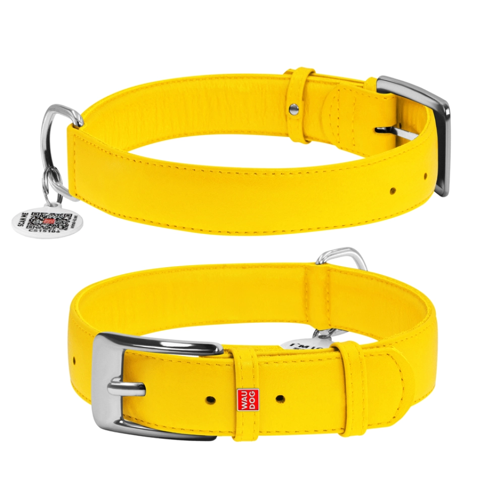 Фото Нашийник для собак шкіряний WAUDOG Glamour з QR паспортом, без прикрас, Ш 35 мм, Дов 46-60 см жовтий купити за ціною ₴698.40