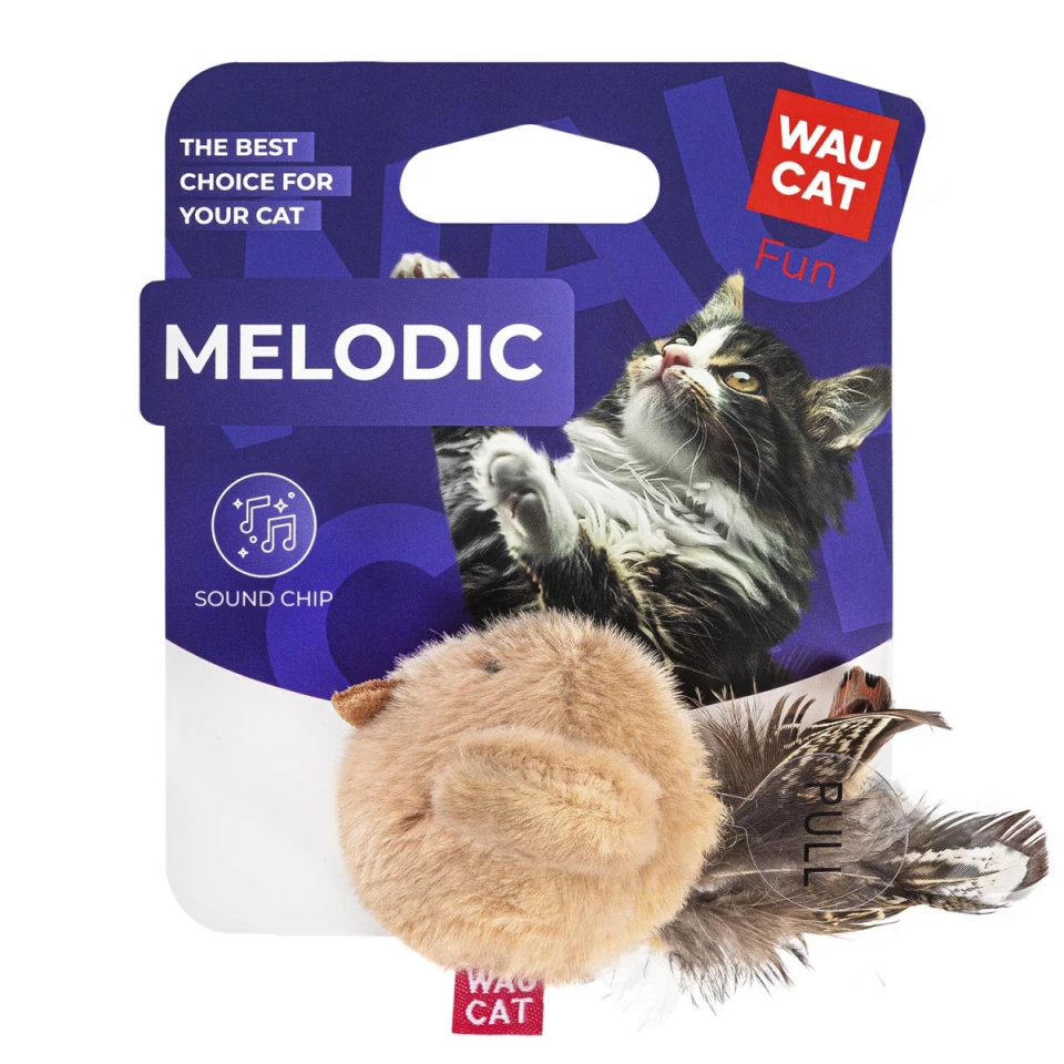 Фото Іграшка для котів WAUCAT Fun Melodic Пташка бежева зі звуковим чипом, штучне хутро, 11 см купити за ціною ₴172.00