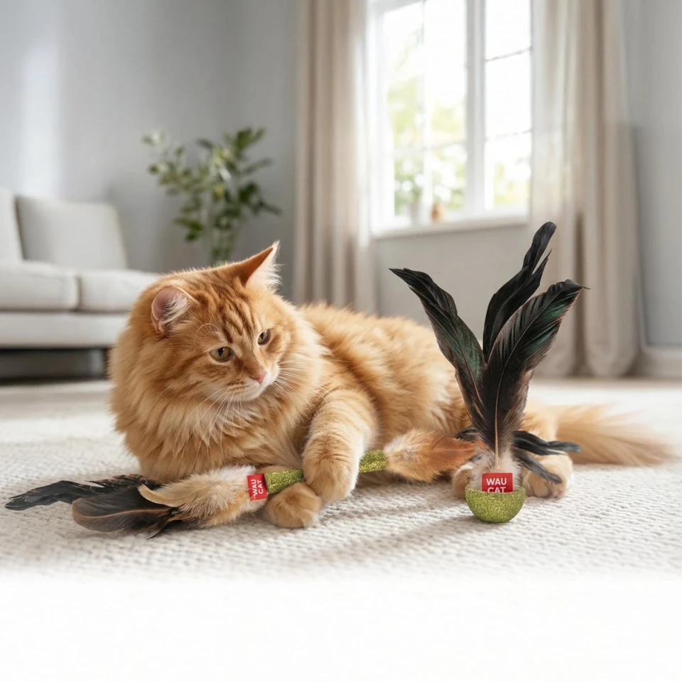 Фото Іграшка для котів WAUCAT Fun Natural Паличка з пір'ям та котячою м'ятою, 40 см Коричнева купити за ціною ₴127.00