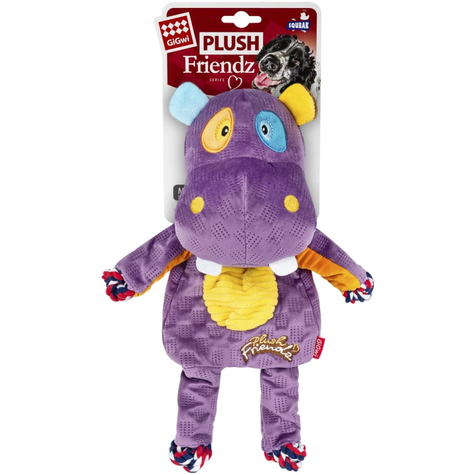 Фото Іграшка для собак Бегемот з мотузками та пищалкою GiGwi Plush Friendz, текстиль, 34 см Фіолетовий купити за ціною ₴612.00