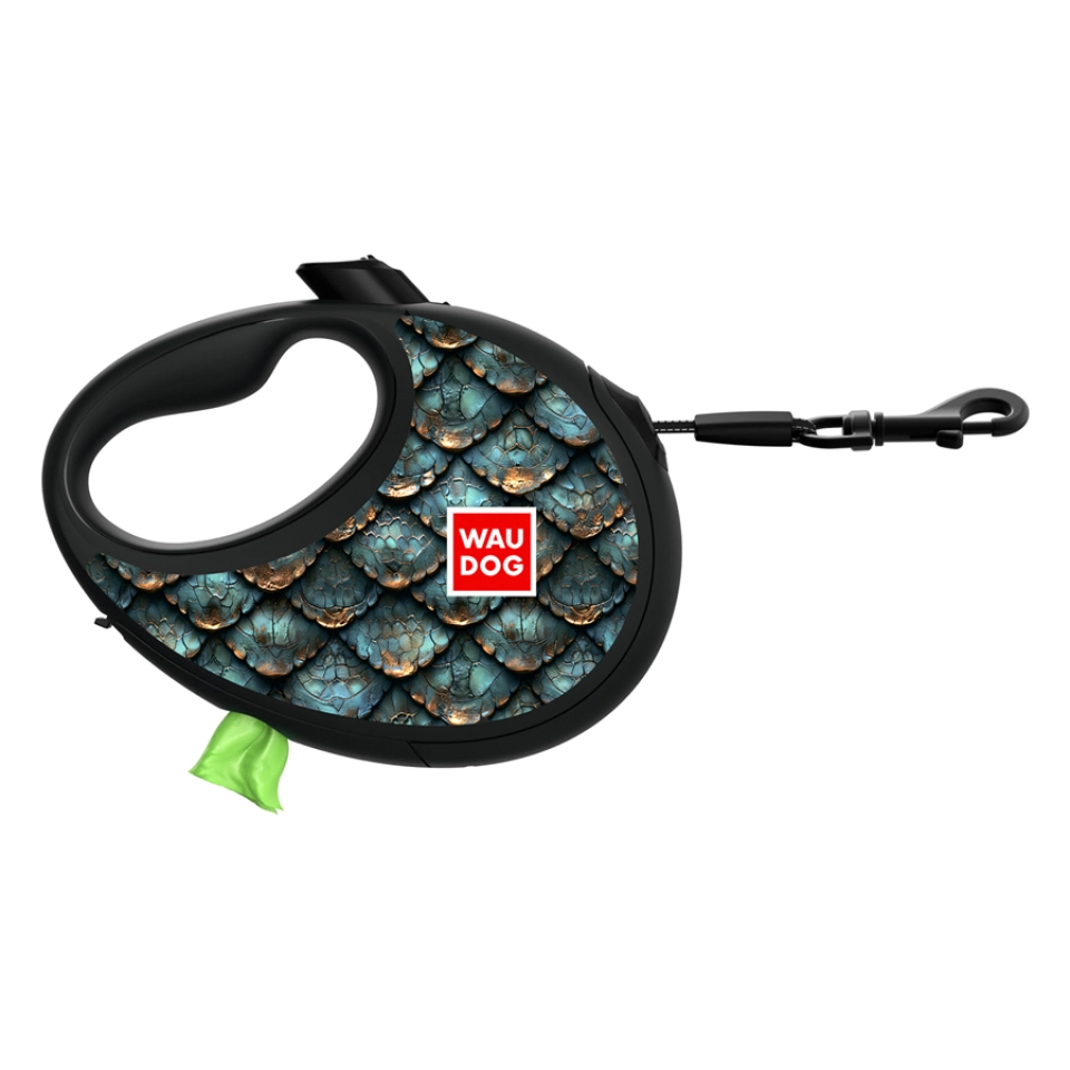 Фото Повідець-рулетка для собак WAUDOG R-leash з контейнером для пакетів, малюнок "Луска", світловідбивна стрічка, S, до 12 кг, 3 м купити за ціною ₴768.00