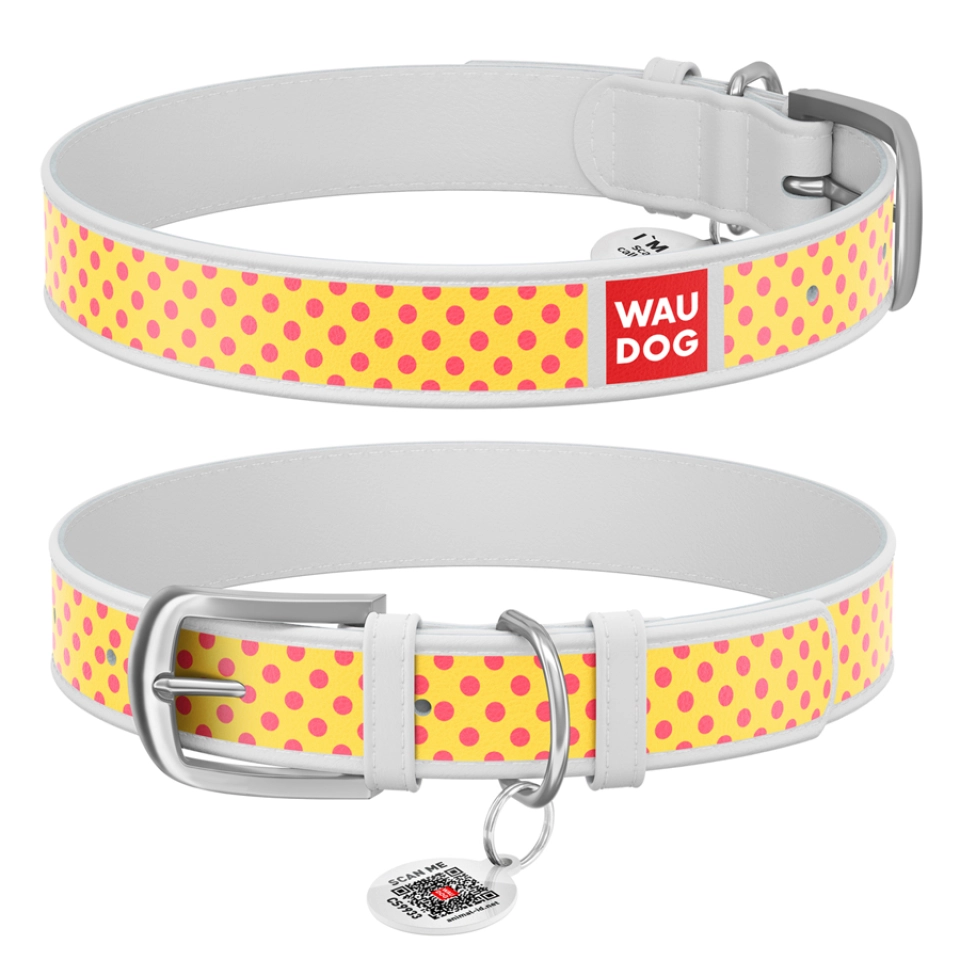 Фото Нашийник WAUDOG Design з малюнком "Жовта полька", преміум шкіра, металева пряжка (ширина 15 мм, довжина 27-36 см) білий купити за ціною ₴227.00