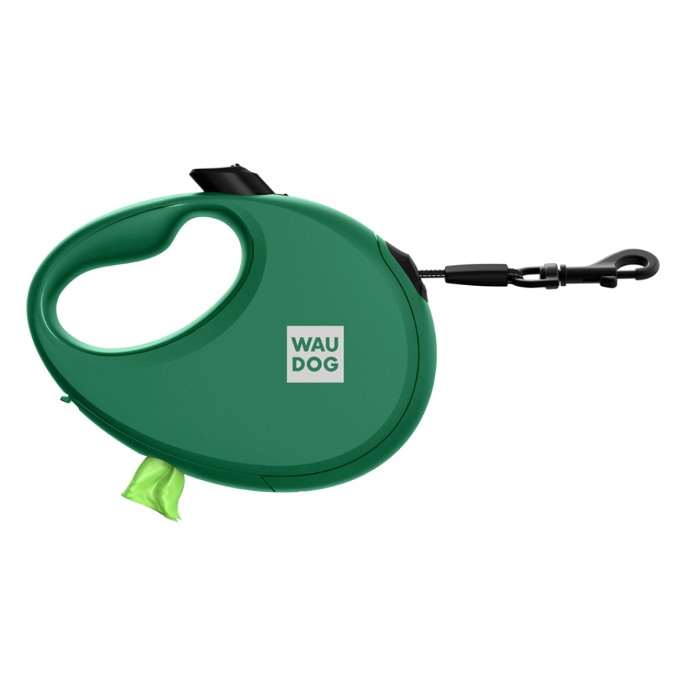 Фото Повідець-рулетка для собак WAUDOG R-leash з контейнером для пакетів, світловідбивна стрічка, L, до 40 кг, 5 м, зелений купити за ціною ₴765.00