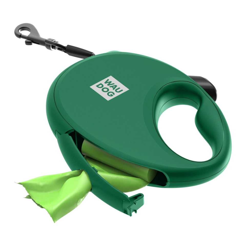 Фото Повідець-рулетка для собак WAUDOG R-leash з контейнером для пакетів, світловідбивна стрічка, L, до 40 кг, 5 м, зелений купити за ціною ₴765.00