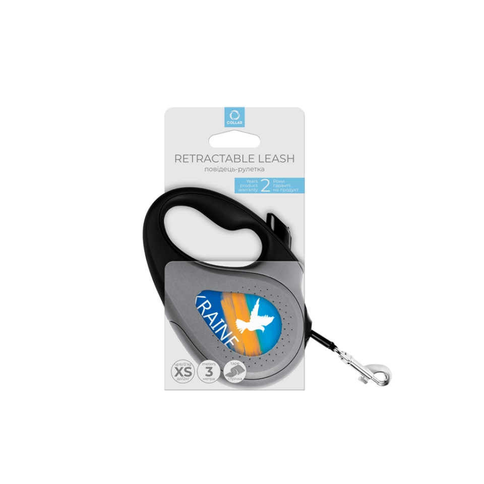 Фото Повідець-рулетка для собак WAUDOG R-leash, малюнок "Прапор", XS, до 12 кг, 3 м, світловідбиваюча стрічка чорний купити за ціною ₴490.80