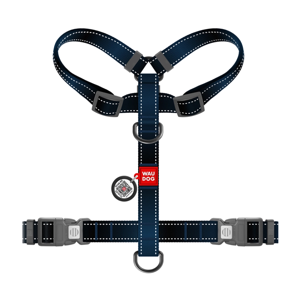 Фото Шлея для собак анатомічна H-подібна WAUDOG Nylon Mono з QR-паспортом, світловідбивна, пластиковий фастекс, розмір М, Ш 20 мм, А 38-60 см, В 45-60 см, чорний купити за ціною ₴398.00