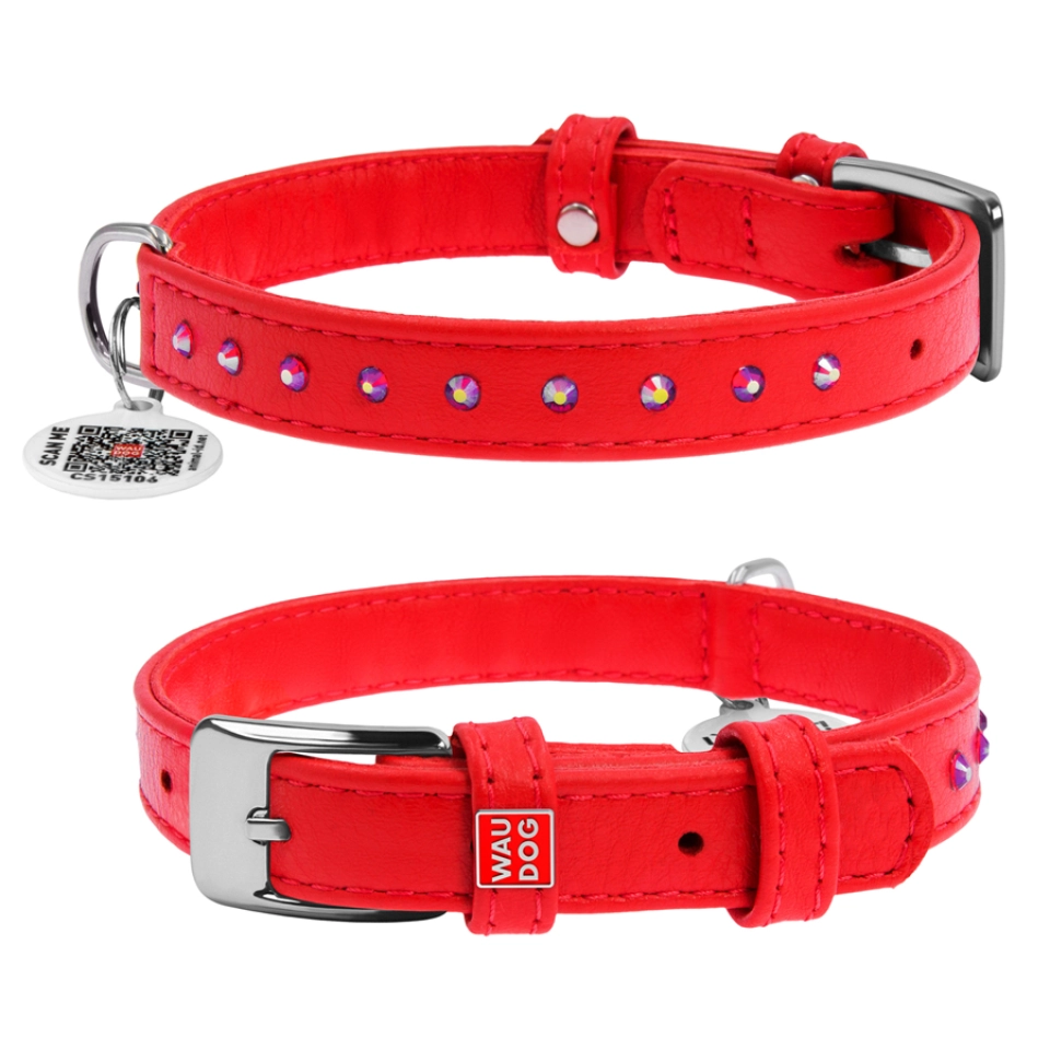 Фото Нашийник для собак шкіряний WAUDOG Glamour з QR паспортом, з клейовими стразами, Ш 12 мм, Дов 21-29 см червоний купити за ціною ₴289.80