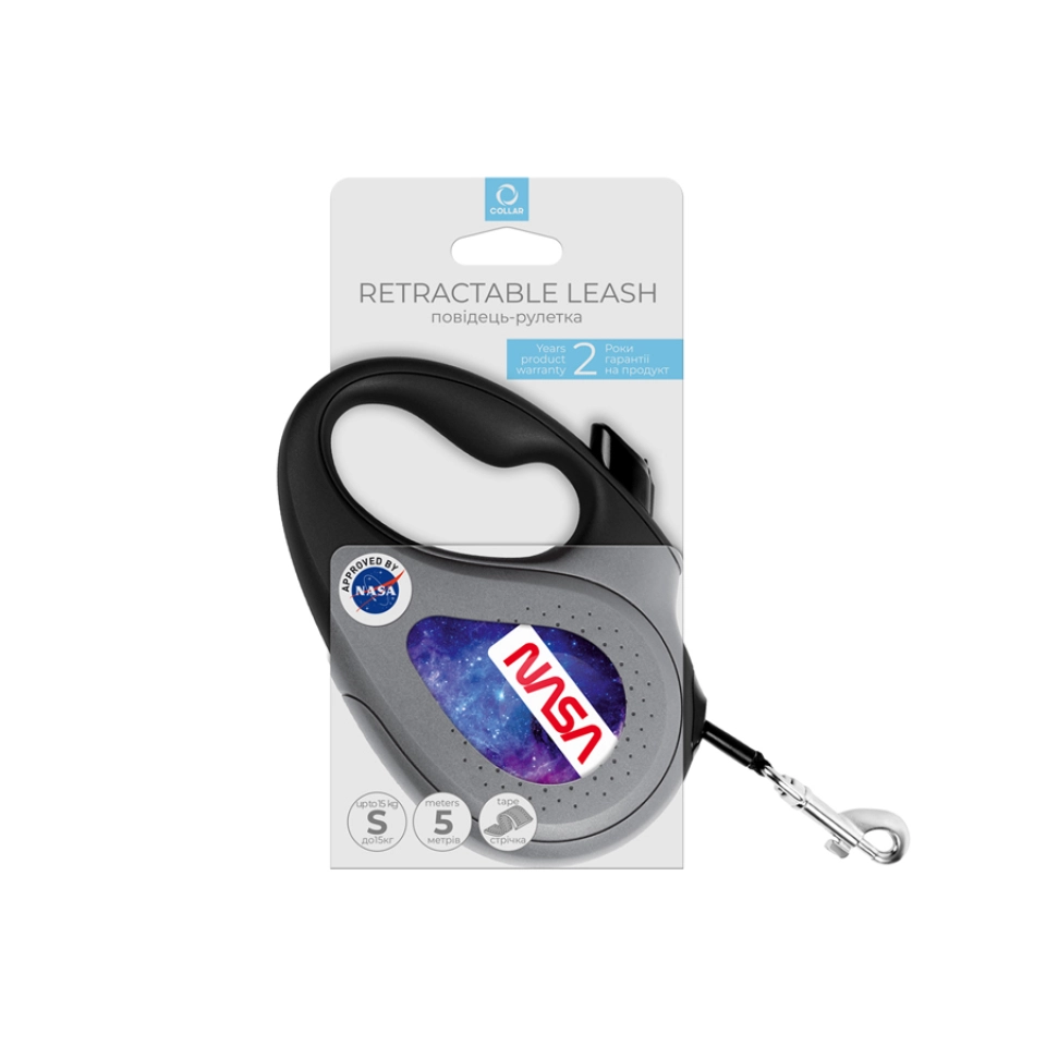 Фото Повідець-рулетка для собак WAUDOG R-leash, малюнок "NASA21", S, до 15 кг, 5 м, світловідбиваюча стрічка чорний купити за ціною ₴584.77