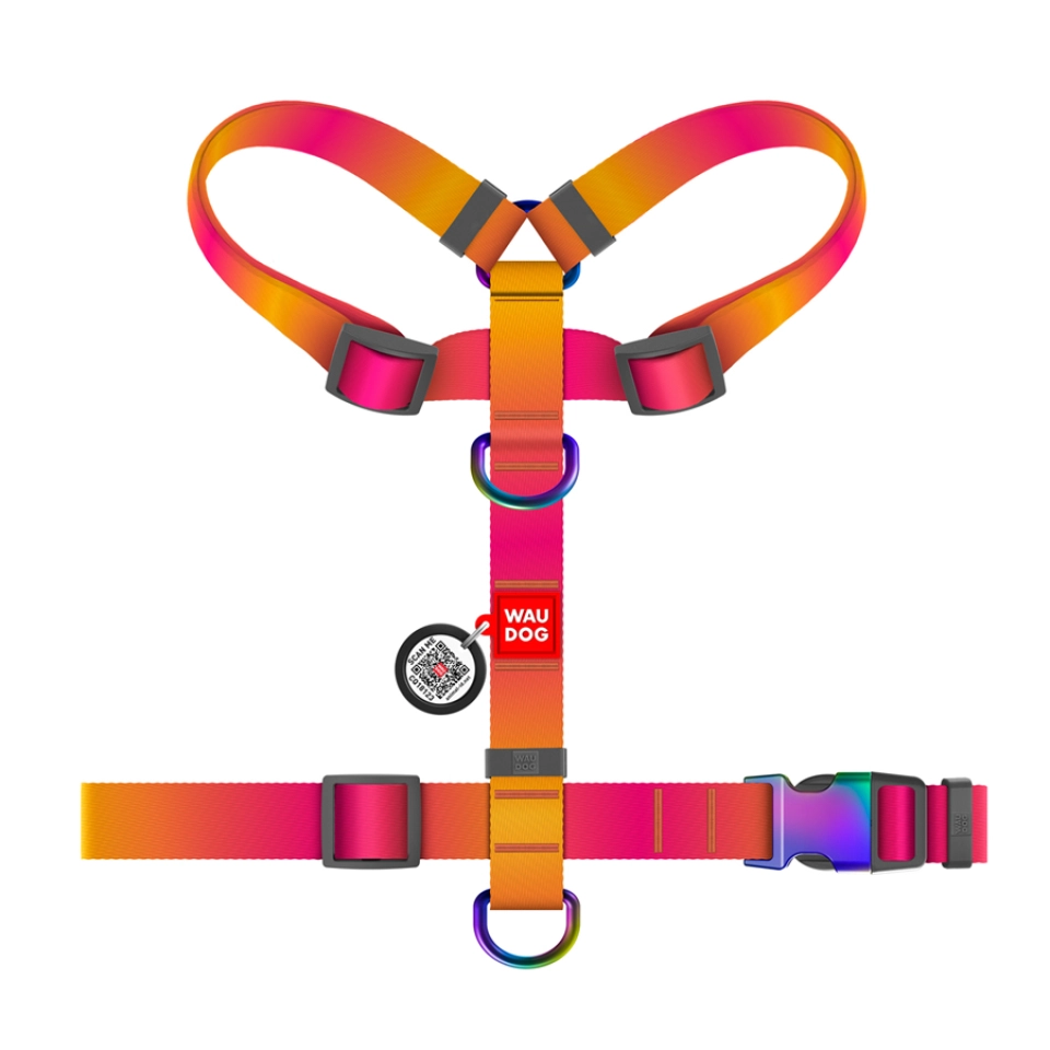 Фото Шлея для собак анатомічна H-подібна WAUDOG Nylon Recycled з QR-паспортом, градієнт, M, Ш 20 мм, А 40-70, В 50-80 помаранчевий купити за ціною ₴511.00