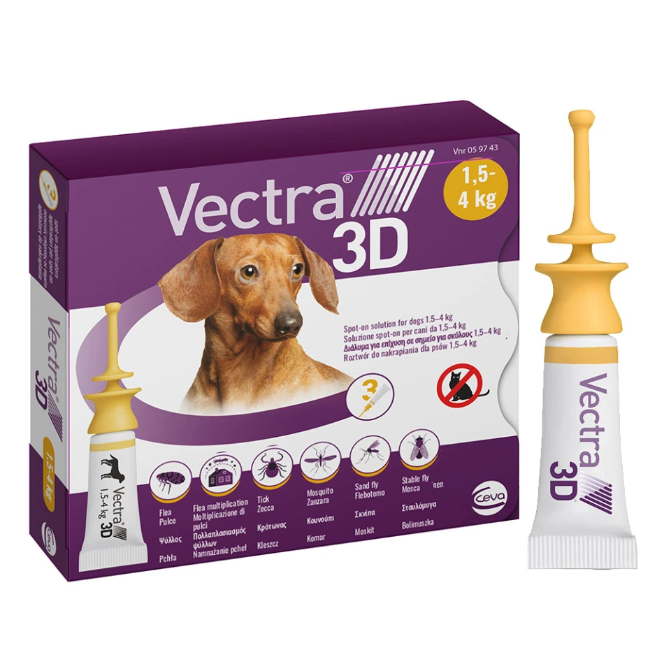 Фото VECTRA 3D (Вектра 3D) краплі на холку від зовнішніх паразитів для собак від 1,5 до 4 кг, 1 піпетка купити за ціною ₴354.00