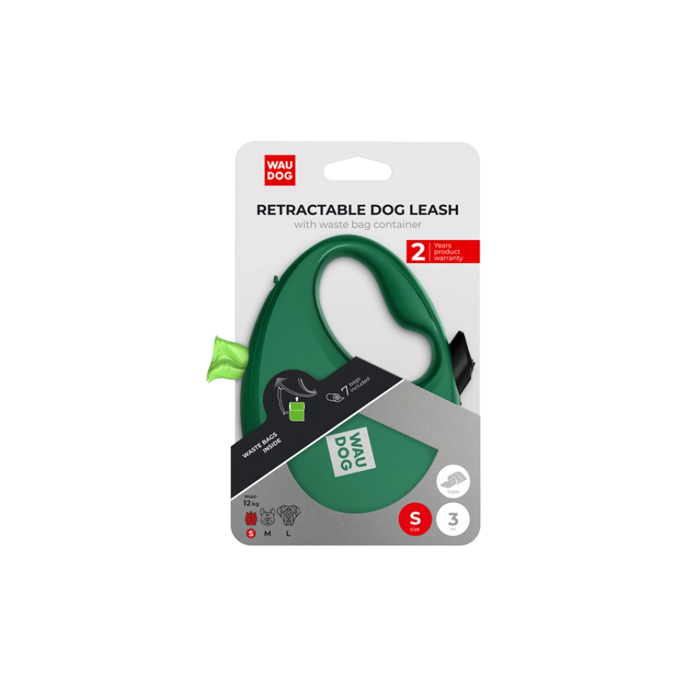 Фото Повідець-рулетка для собак WAUDOG R-leash з контейнером для пакетів, світловідбивна стрічка, S, до 12 кг, 3 м, зелений купити за ціною ₴548.00