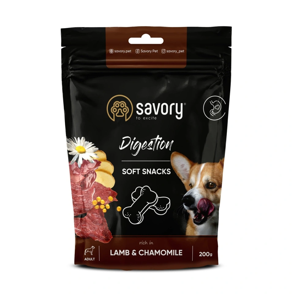 Фото М’які ласощі Savory для покращення травлення собак, ягня та ромашка 200г купити за ціною ₴236.00