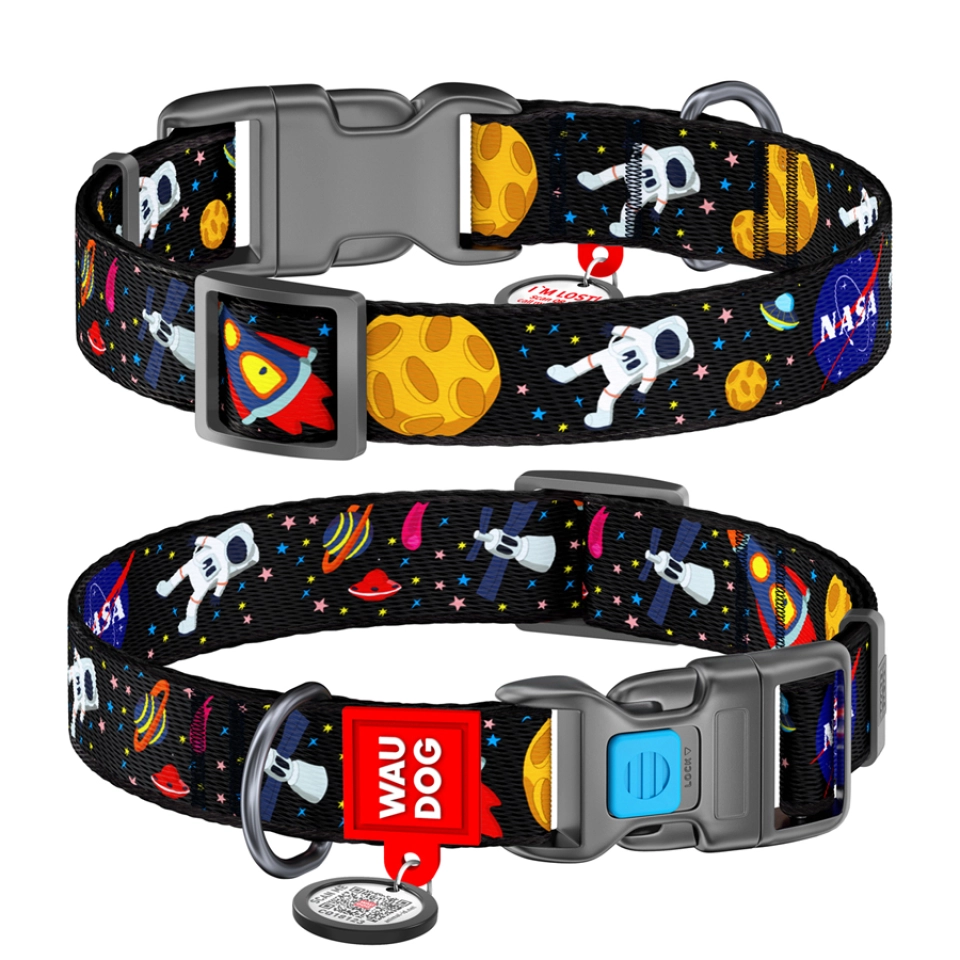 Фото Нашийник для собак нейлоновий WAUDOG Nylon з QR паспортом, малюнок "NASA", пластиковий фастекс, Ш 15 мм, Дов 25-35 см купити за ціною ₴131.40