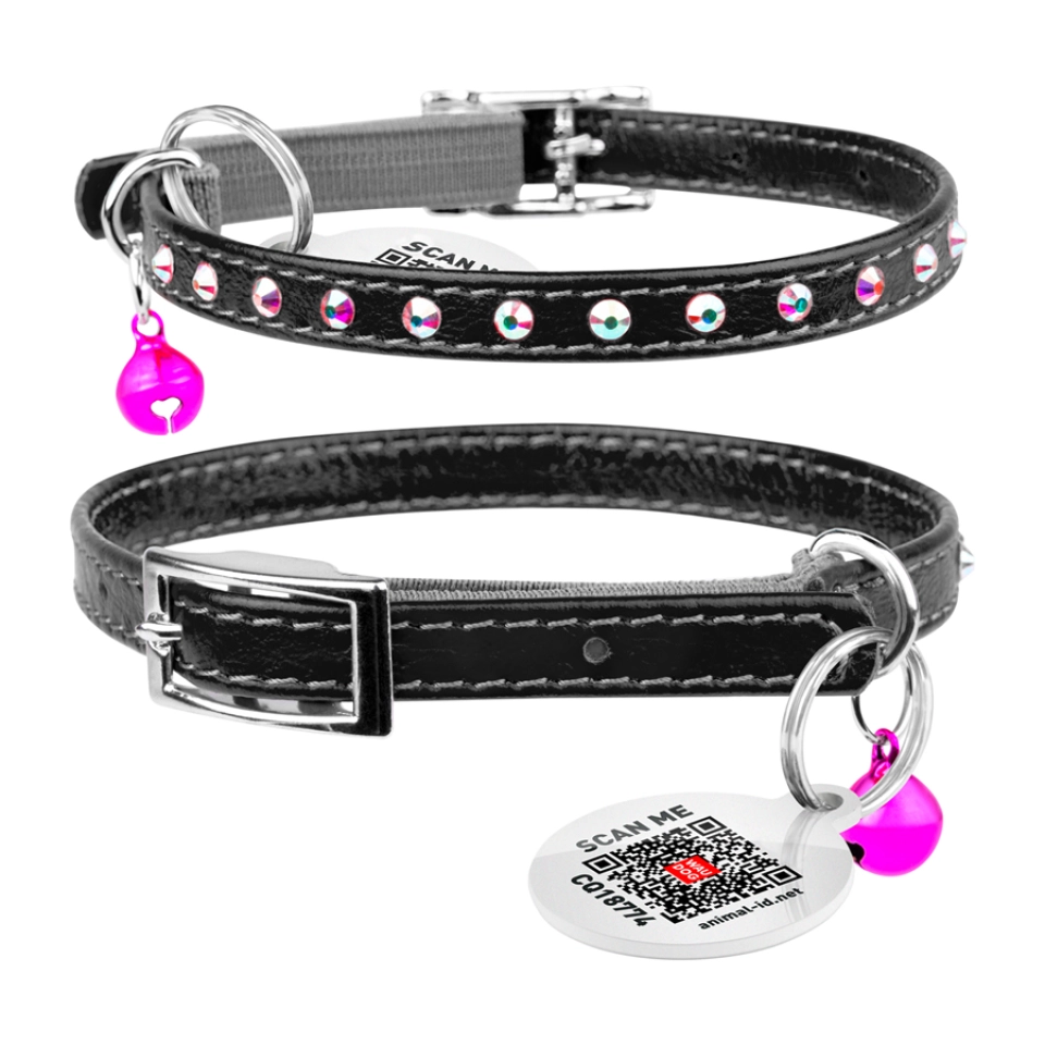 Фото Нашийник WAUDOG Glamour з резинкою, клейовими стразами, для котів (ширина 9мм, довжина 22-30см) чорний купити за ціною ₴263.00