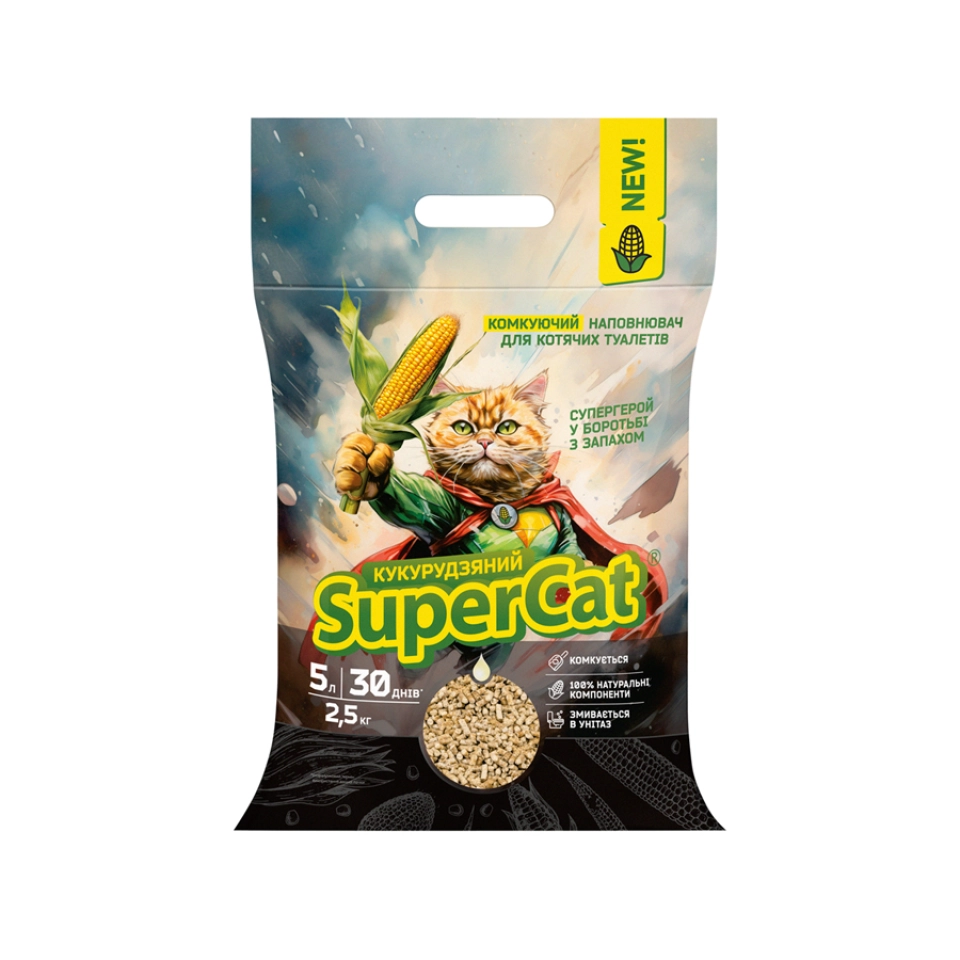 Фото Кукурудзяний наповнювач SuperCat комкуючий  для котячих туалетів, 2,5 кг купити за ціною ₴156.00