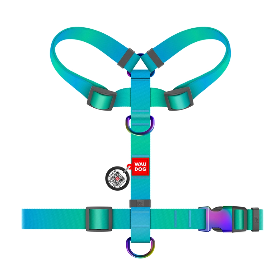 Фото Шлея для собак анатомічна H-подібна WAUDOG Nylon Recycled з QR-паспортом, градієнт, L, Ш 25 мм, А 50-90, В 60-100 блакитний купити за ціною ₴641.00