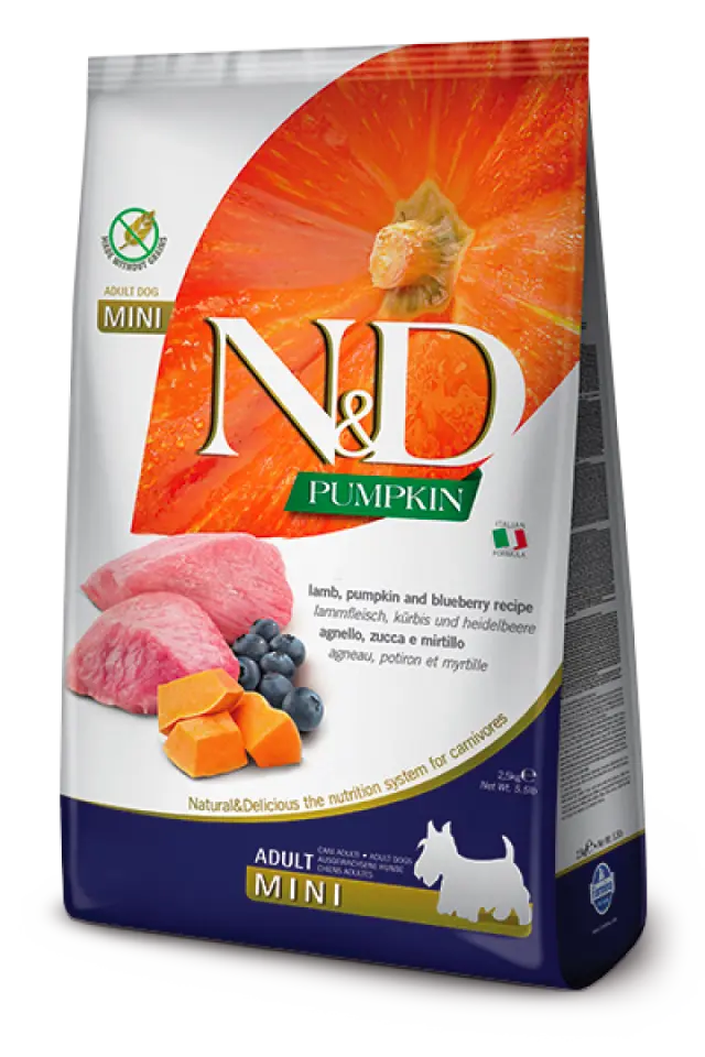 Фото Корм для собак Фарміна з ягням N&D Grain Free PUMPKIN LAMB & BLUEBERRY ADULT MINI 800 gr 11 купити за ціною ₴555.00