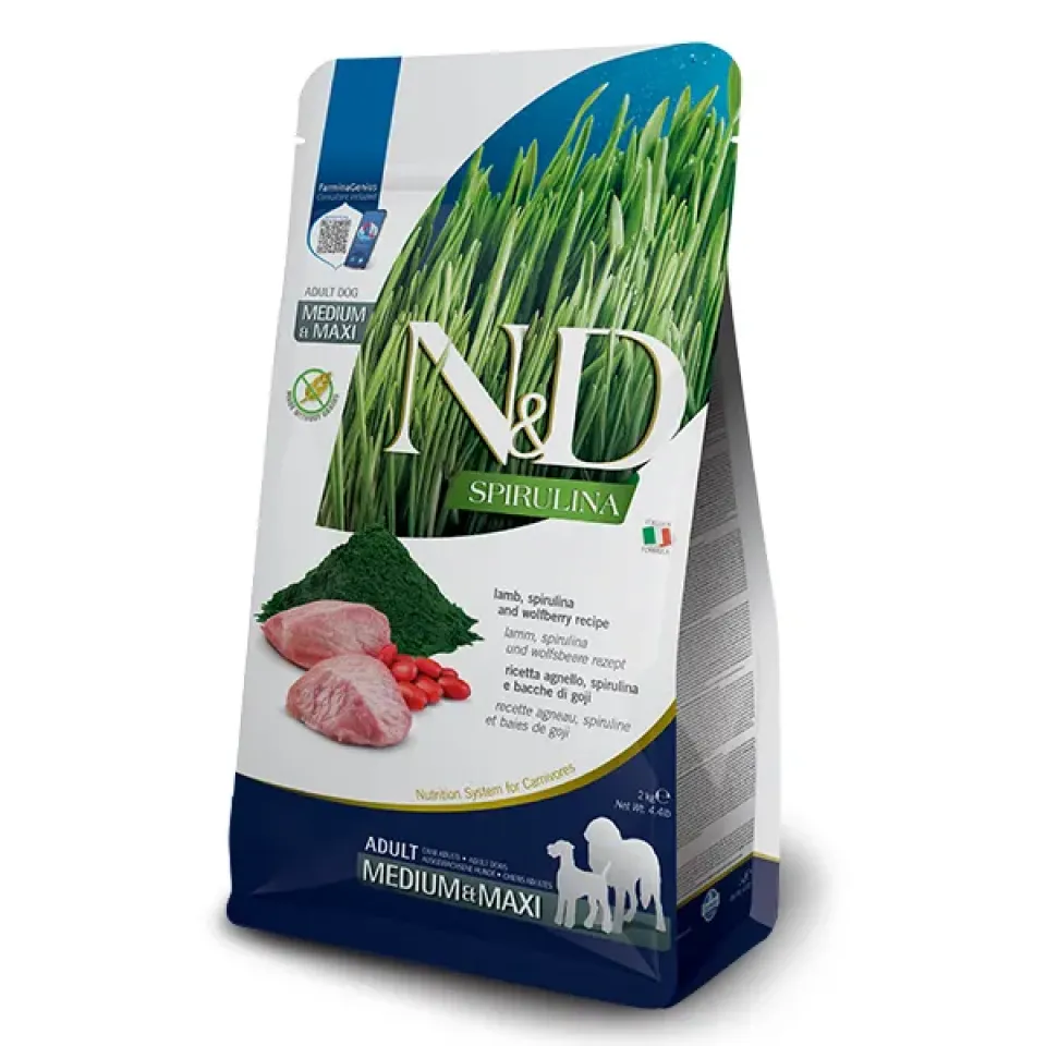 Фото Корм сухий для собак Фарміна N&D SPIRULINA LAMB ADULT MEDIUM & MAXI з ягням, спіруліною та ягодами годжі купити за ціною ₴3889.00