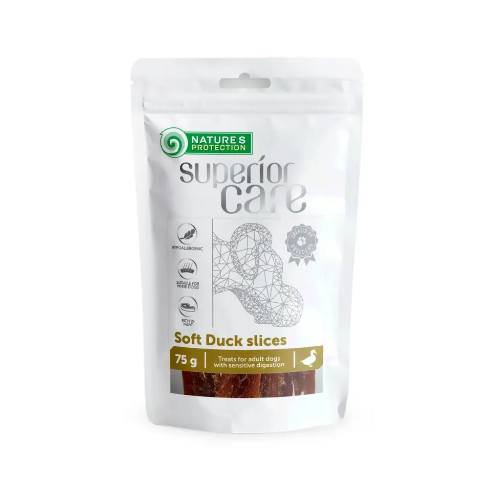 Фото Ласощі для собак, сушена качка, смужки, Nature's Protection Superior Care Snacks For Dogs Soft Duck Slices 75г купити за ціною ₴247.00