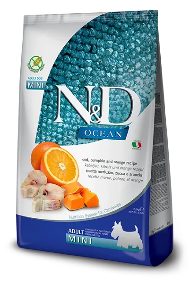 Фото Сухий корм для собак Фарміна N&D Grain Free OCEAN COD, PUMPKIN & ORANGE ADULT MINI з тріскою та апельсином 7 kg купити за ціною ₴3264.00