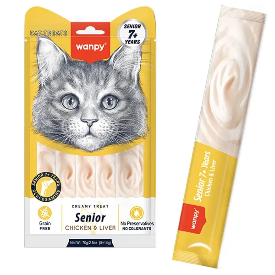 Фото Wanpy Creamy Lickable Treats Senior Chicken & Liver ВАНПІ КУРКА З ПЕЧІНКОЮ ДЛЯ ЛІТНІХ КОТІВ рідкі ласощі купити за ціною ₴112.00