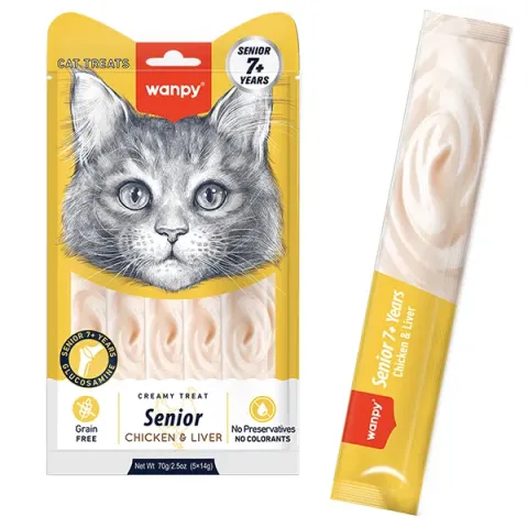 Wanpy Creamy Lickable Treats Senior Chicken & Liver ВАНПІ КУРКА З ПЕЧІНКОЮ ДЛЯ ЛІТНІХ КОТІВ рідкі ласощі купити за ціною ₴112.00