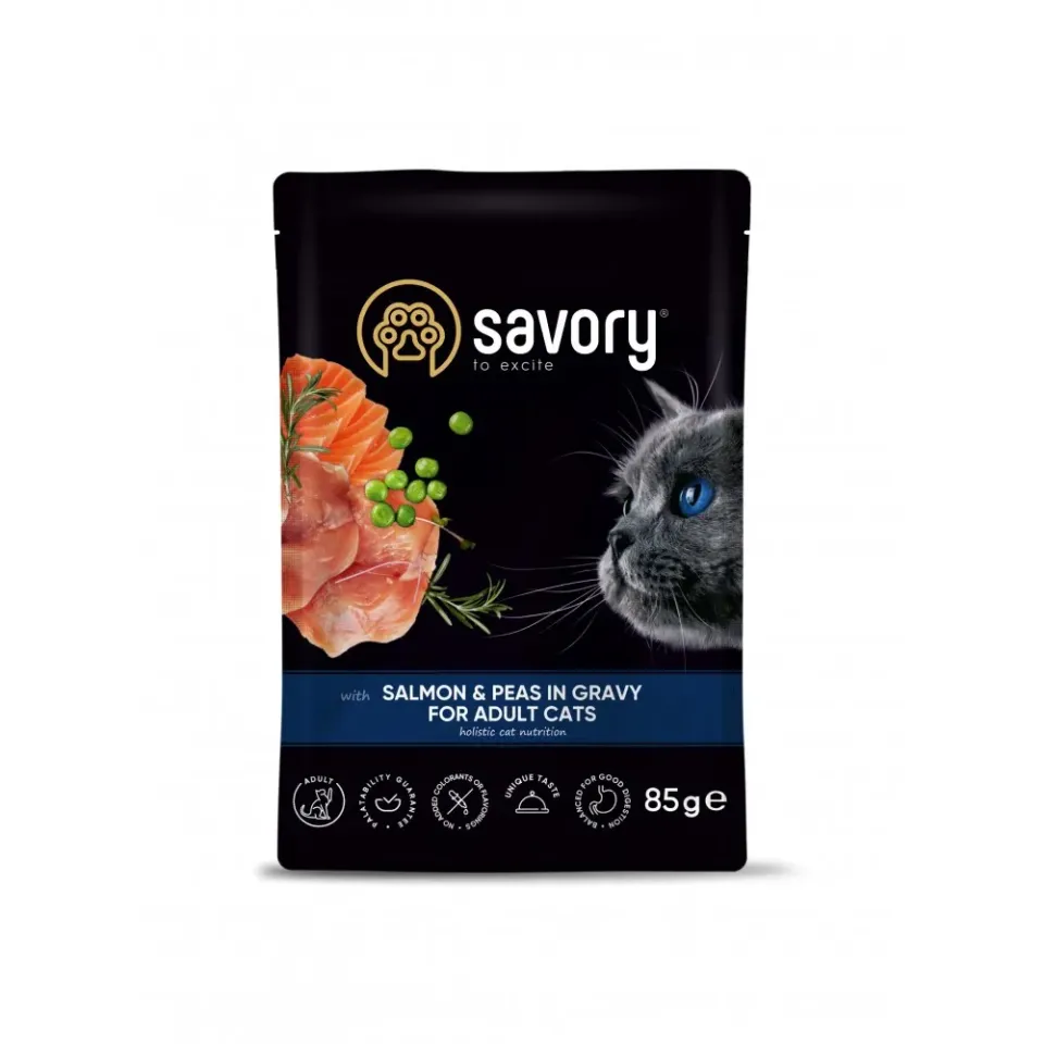 Фото Вологий корм Savory з лососем та горошком у соусі купити за ціною ₴57.00