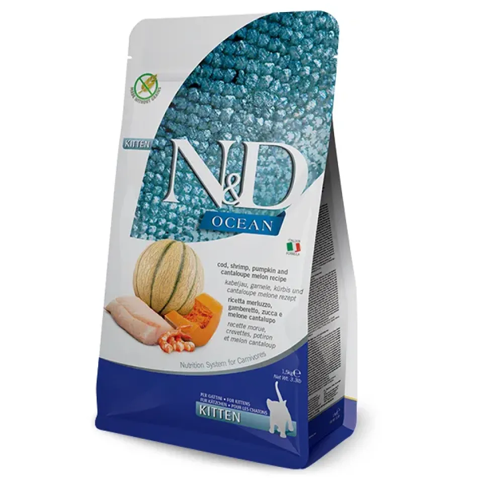 Фото Корм сухий для кошенят Фарміна N&D Grain Free Ocean COD, SHRIMP, PUMPKIN & CANTALOUPEMELON KITTEN з тріскою, креветкою, гарбузом і динею купити за ціною ₴350.00