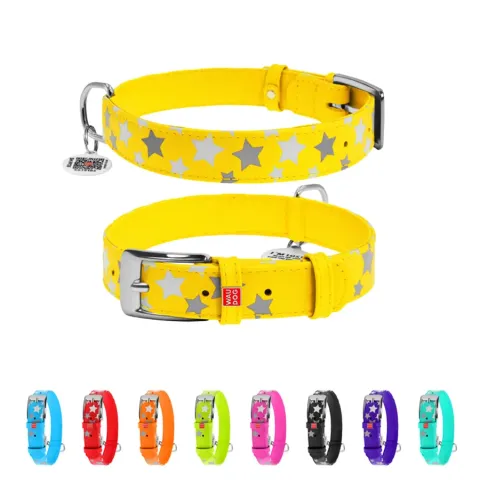 Нашийник для собак шкіряний WAUDOG Glamour з QR паспортом, візерунок "Зірочка", світонакоплювальний, Ш 20 мм, Дов 30-39 см жовтий купити за ціною ₴400.50