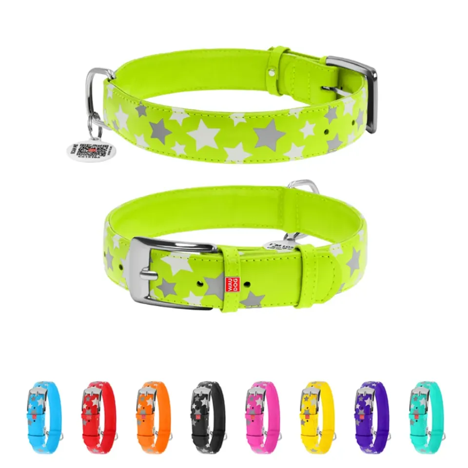 Фото Нашийник для собак шкіряний WAUDOG Glamour з QR паспортом, візерунок "Зірочка", світонакоплювальний, Ш 35 мм, Дов 46-60 см салатовий купити за ціною ₴1002.60