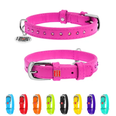 Нашийник для собак шкіряний WAUDOG Glamour з QR паспортом, з клейовими стразами, Ш 12 мм, Дов 21-29 см рожевий купити за ціною ₴289.80