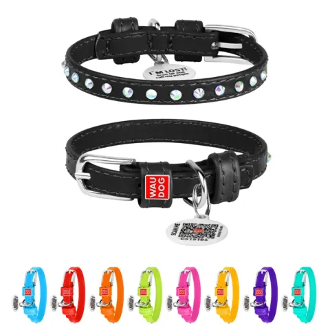 Нашийник для собак шкіряний WAUDOG Glamour з QR паспортом, з клейовими стразами, Ш 9 мм, Дов 18-21 см чорний купити за ціною ₴241.20