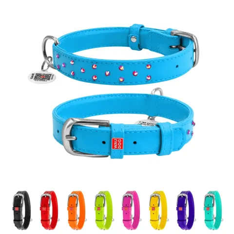 Нашийник для собак шкіряний WAUDOG Glamour з QR паспортом, з клейовими стразами, Ш 25 мм, Дов 38-49 см блакитний купити за ціною ₴633.60