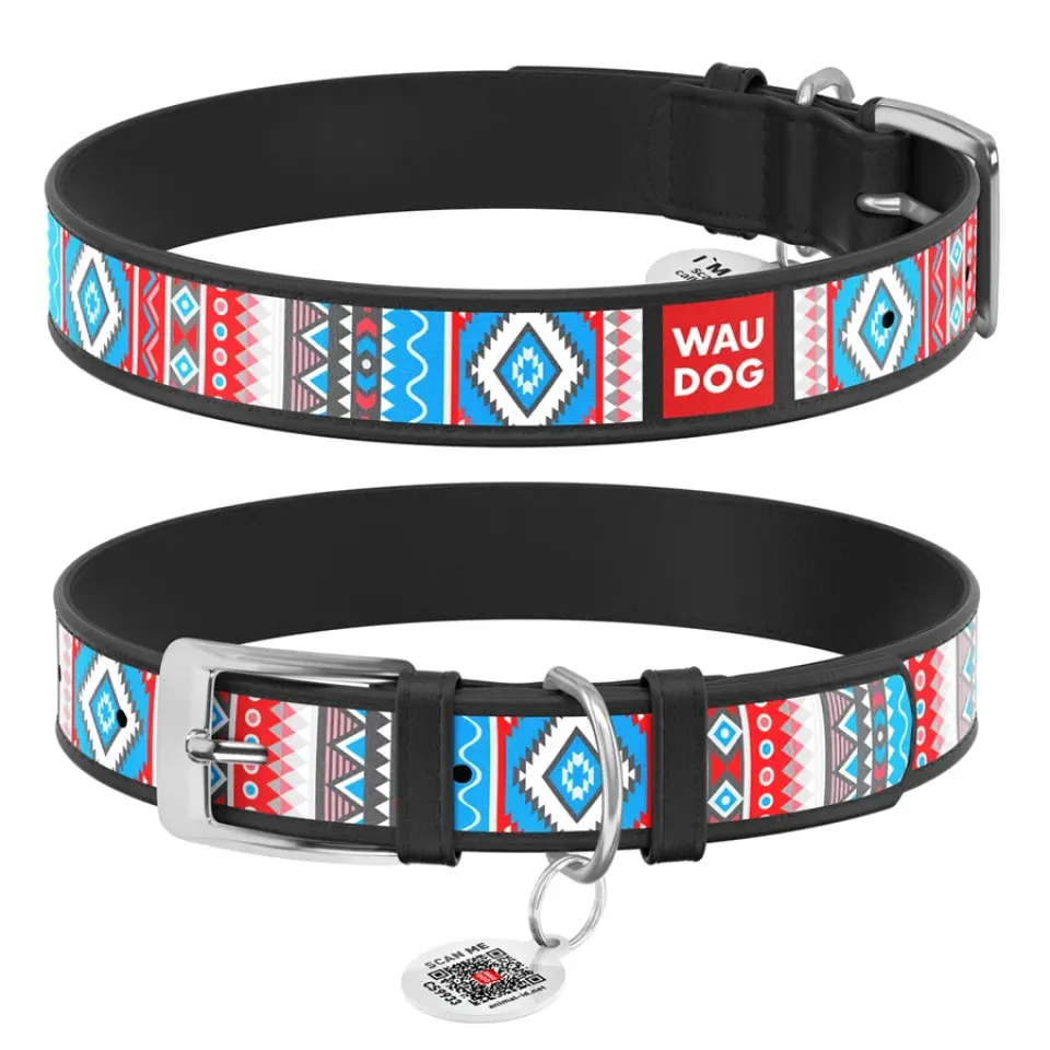 Фото Нашийник для собак шкіряний WAUDOG Design з QR паспортом, малюнок "Етно", XS, Ш 12 мм, Дов 20-28 см, чорний купити за ціною ₴129.60