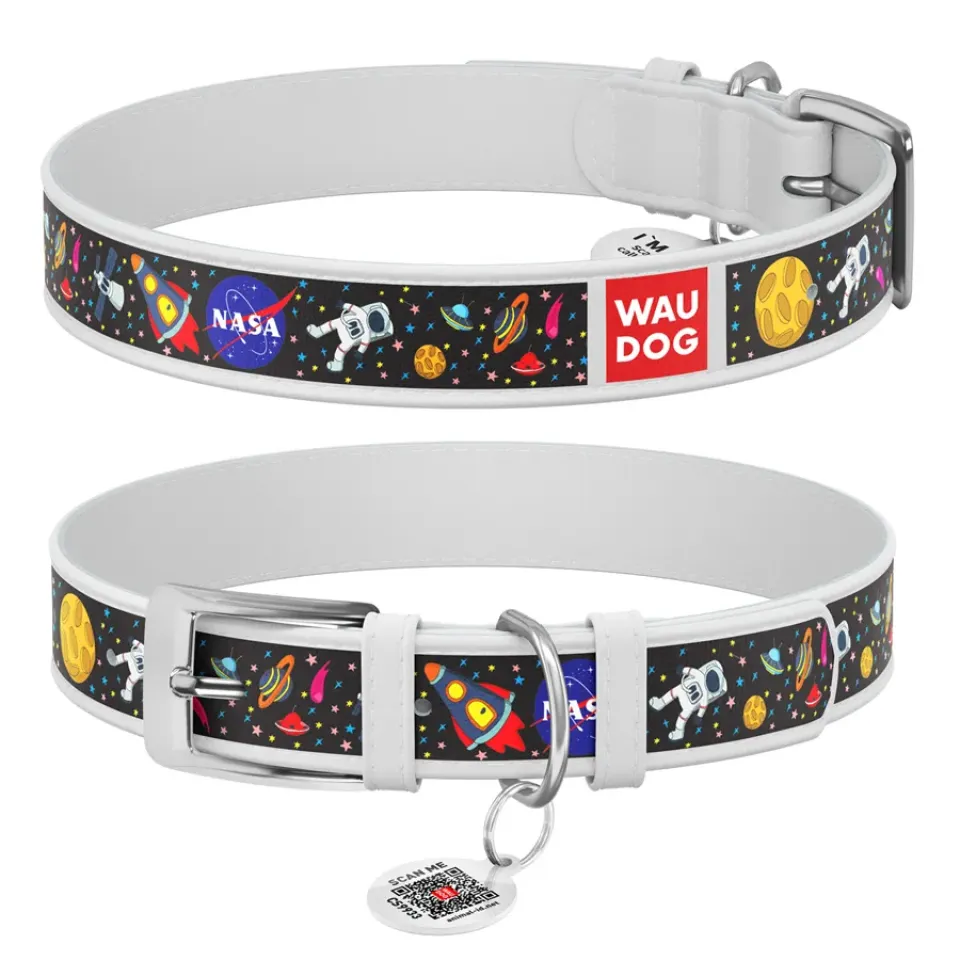 Фото Нашийник для собак шкіряний WAUDOG Design з QR паспортом, малюнок "NASA", Ш 12 мм, Дов 18-24 см, білий купити за ціною ₴206.00