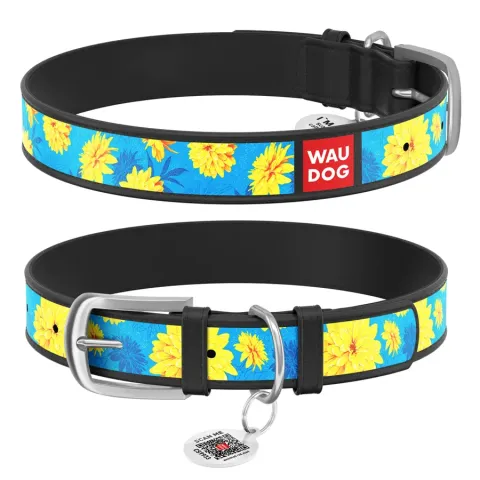 Нашийник WAUDOG Design з малюнком "Квіти на блакитному", преміум шкіра, металева пряжка (ширина 25 мм, довжина 38-49 см) чорний купити за ціною ₴415.00