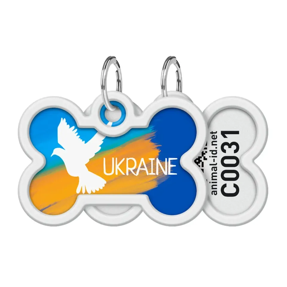 Фото Адресник для собак і котів металевий WAUDOG Smart ID з QR паспортом, малюнок "Прапор", кістка, Д 40 мм, Ш 28 мм купити за ціною ₴165.00
