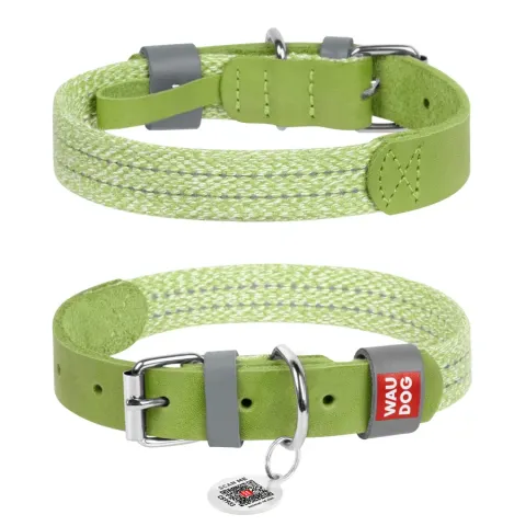 Нашийник для собак зі шкіри та відновленої бавовни WAUDOG Classic, L, Ш 25 мм, Дов 38-49 см салатовий купити за ціною ₴292.00