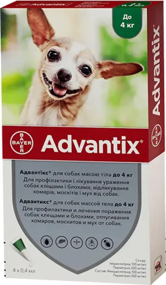 Фото Краплі бліх, кліщів і комарів Адвантікс Advantix Spot-On для собак до 4 кг, 1 піпетка купити за ціною ₴325.50