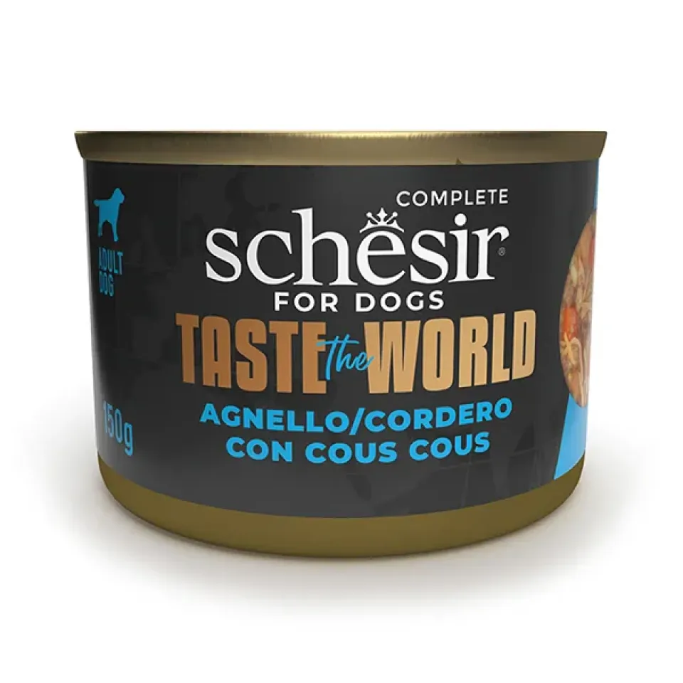 Фото Schesir Taste the World Lamb With Cous Cous ШЕЗІР ЯГНЯ З КУСКУСОМ в бульйоні натуральні консерви для собак, вологий корм, банка 150 г купити за ціною ₴180.00