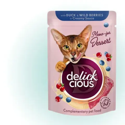 Вологий корм для котів Delickcious з качкою та лісовими ягодами у вершковому соусі, 85 г купити за ціною ₴28.00