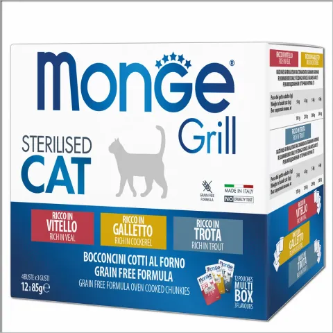 Вологий корм для стерилізованих котів Монж Monge Cat GRILL MIX Sterilised півник/форель/телятина купити за ціною ₴550.00