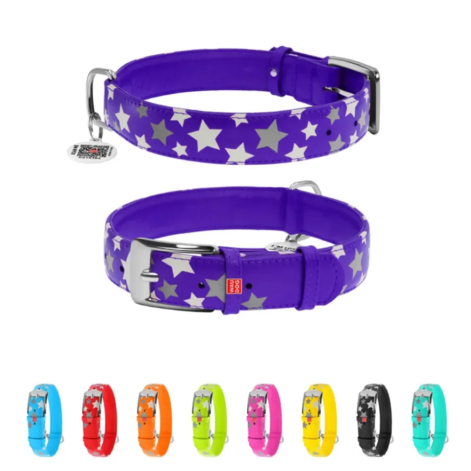 Фото Нашийник для собак шкіряний WAUDOG Glamour з QR паспортом, візерунок "Зірочка", світонакоплювальний, Ш 35 мм, Дов 46-60 см фіолетовий купити за ціною ₴1002.60