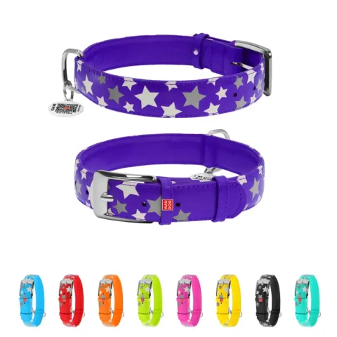 Нашийник для собак шкіряний WAUDOG Glamour з QR паспортом, візерунок "Зірочка", світонакоплювальний, Ш 35 мм, Дов 46-60 см фіолетовий купити за ціною ₴1002.60